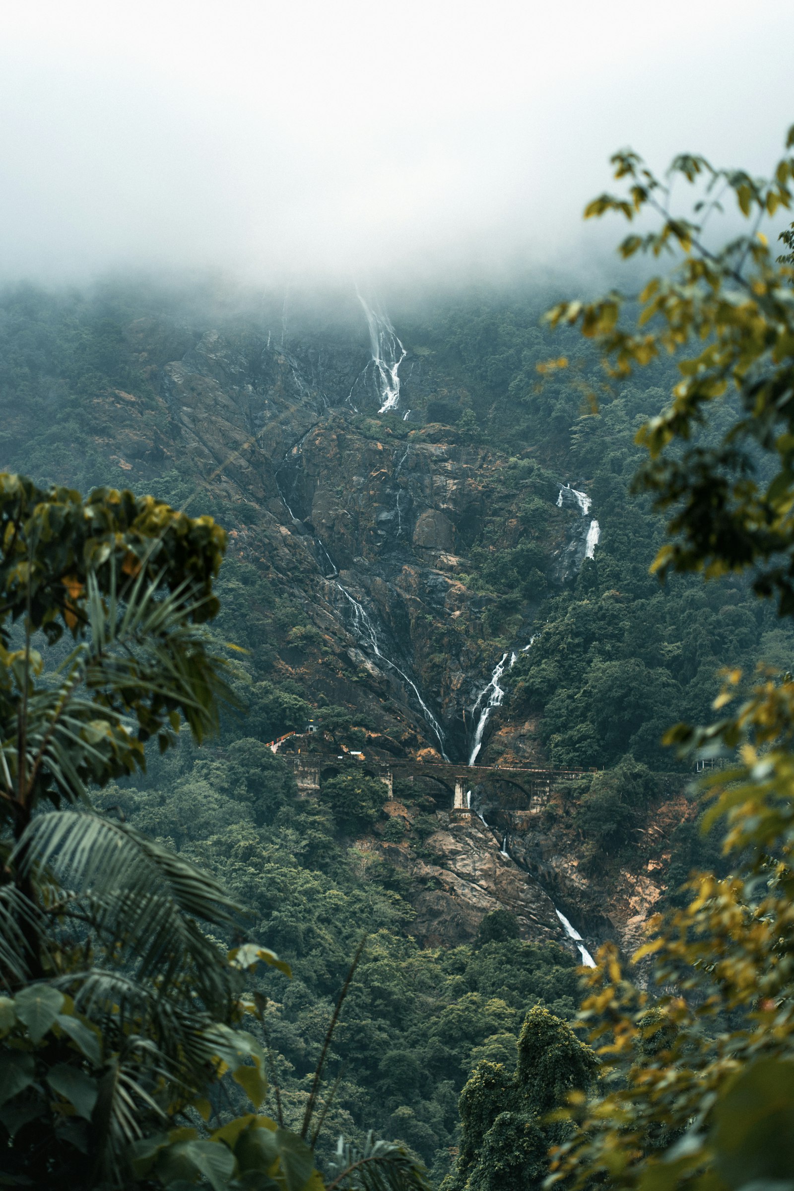 Dudhsagar Falls tumbling down forested cliffs past its railway bridge