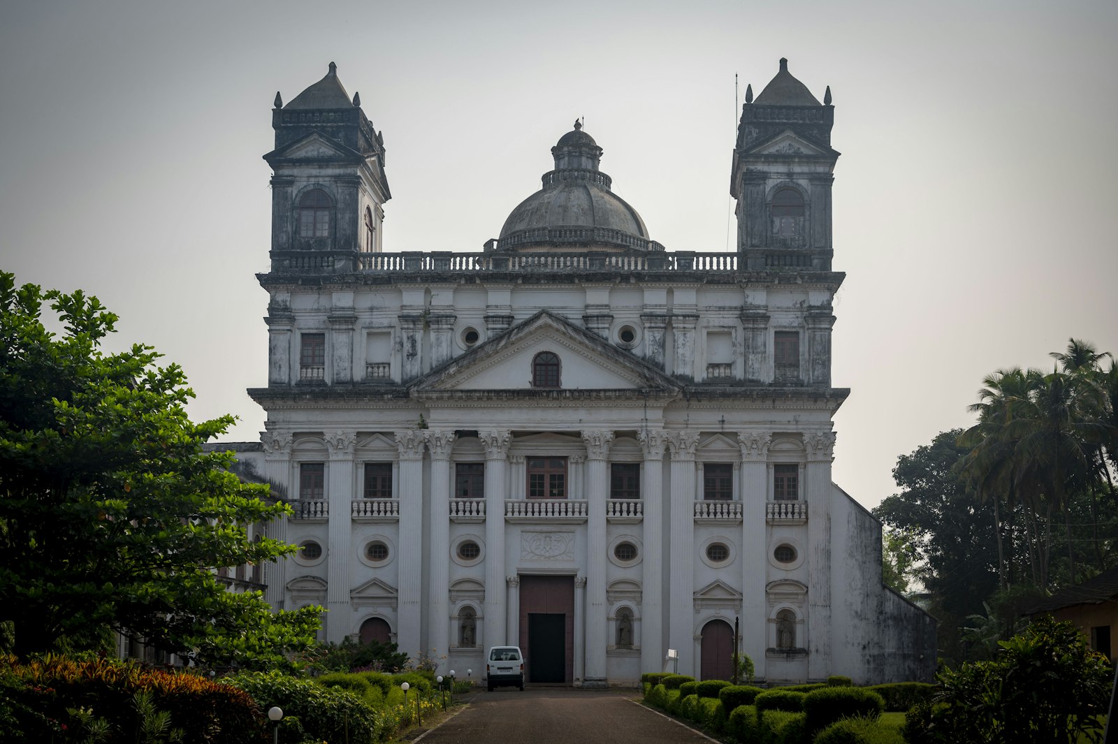 A white Portuguese-era church with twin towers in Old Goa