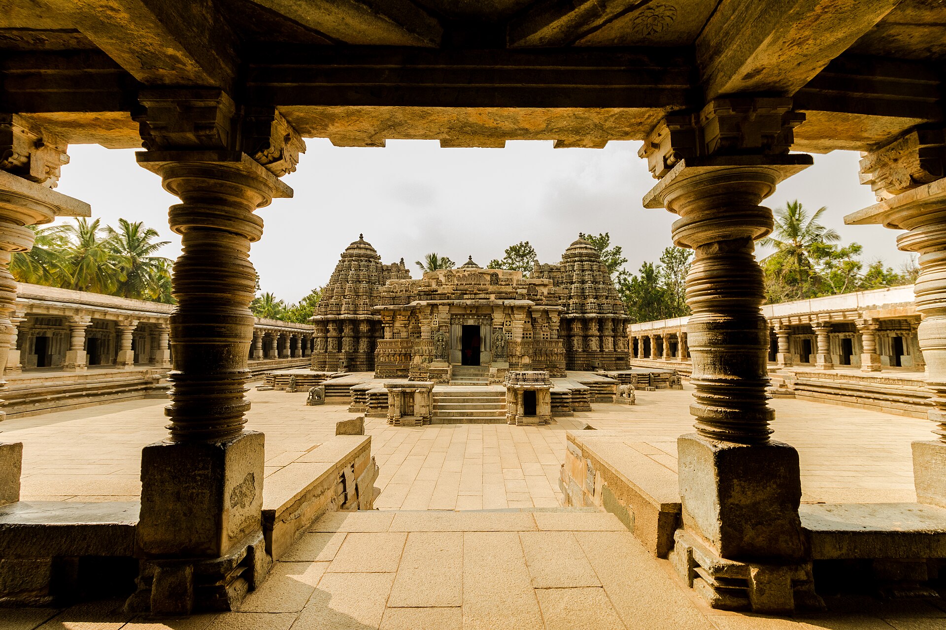The three carved towers of the Keshava Temple at Somnathpur seen from the colonnaded courtyard
